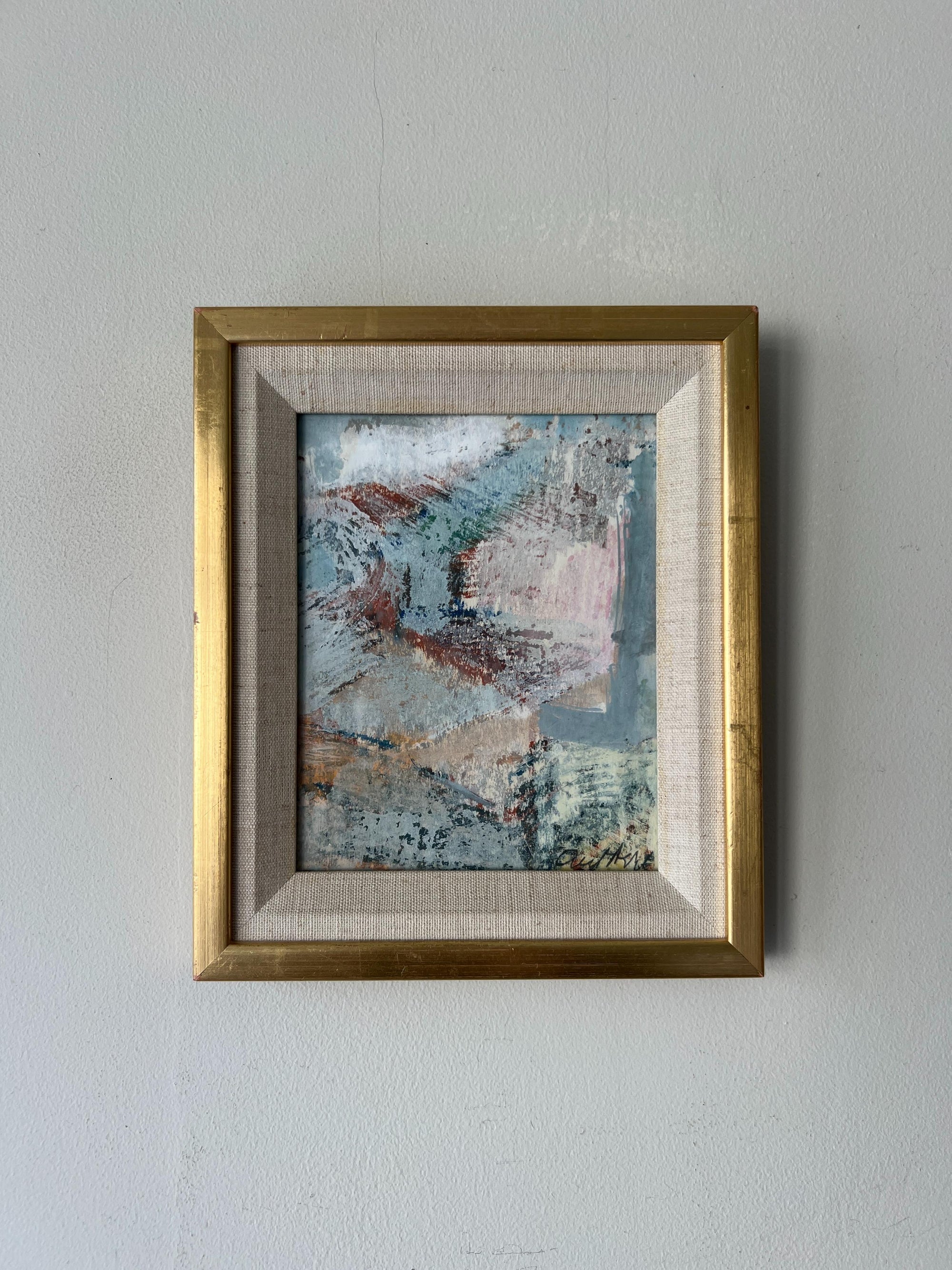 Framed vinatge abstract artwork with a textured surface in pastel blues and  ochres. Available at Hue. 