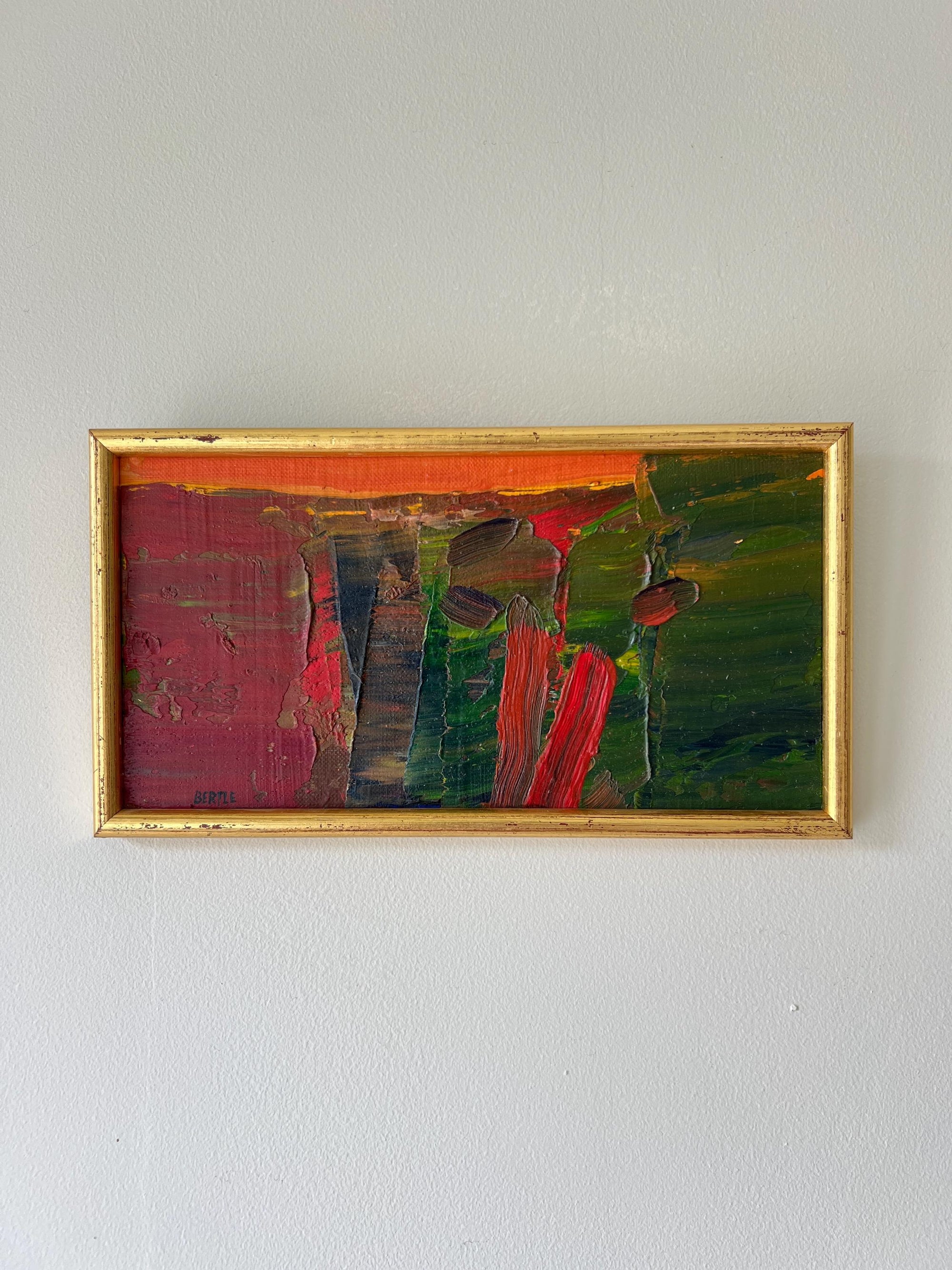 Framed painting of a red abstract landscape in a vintage gilt frame, available from hue