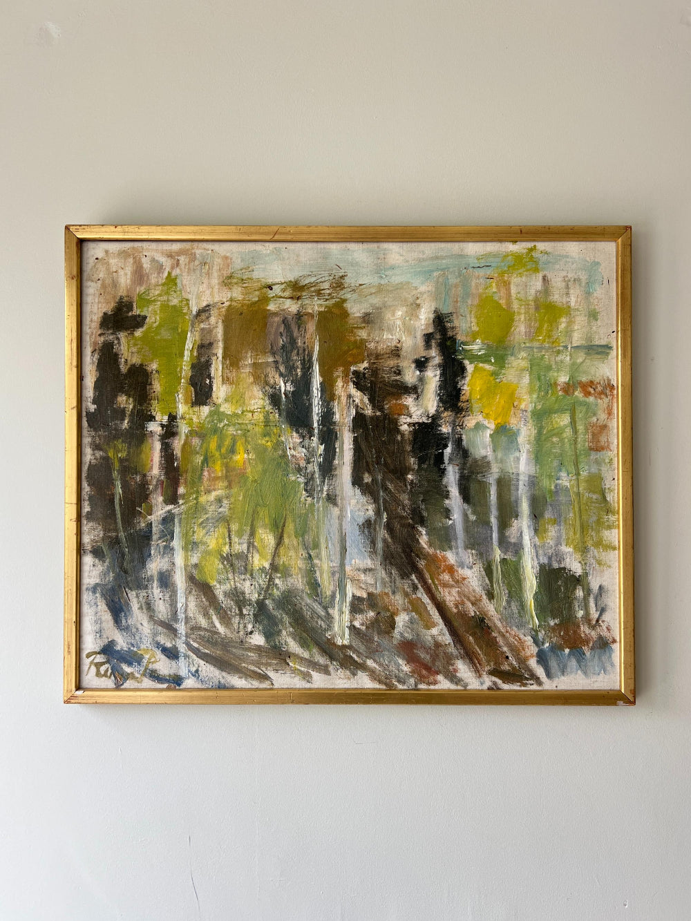 Abstract vintage painting of a forest with a gilt frame, available at Hue