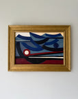 A framed vintage abstract geometric painting featuring blue, navy, black, red, and cream shapes, housed in a gold-toned wooden frame. Available at Hue. 