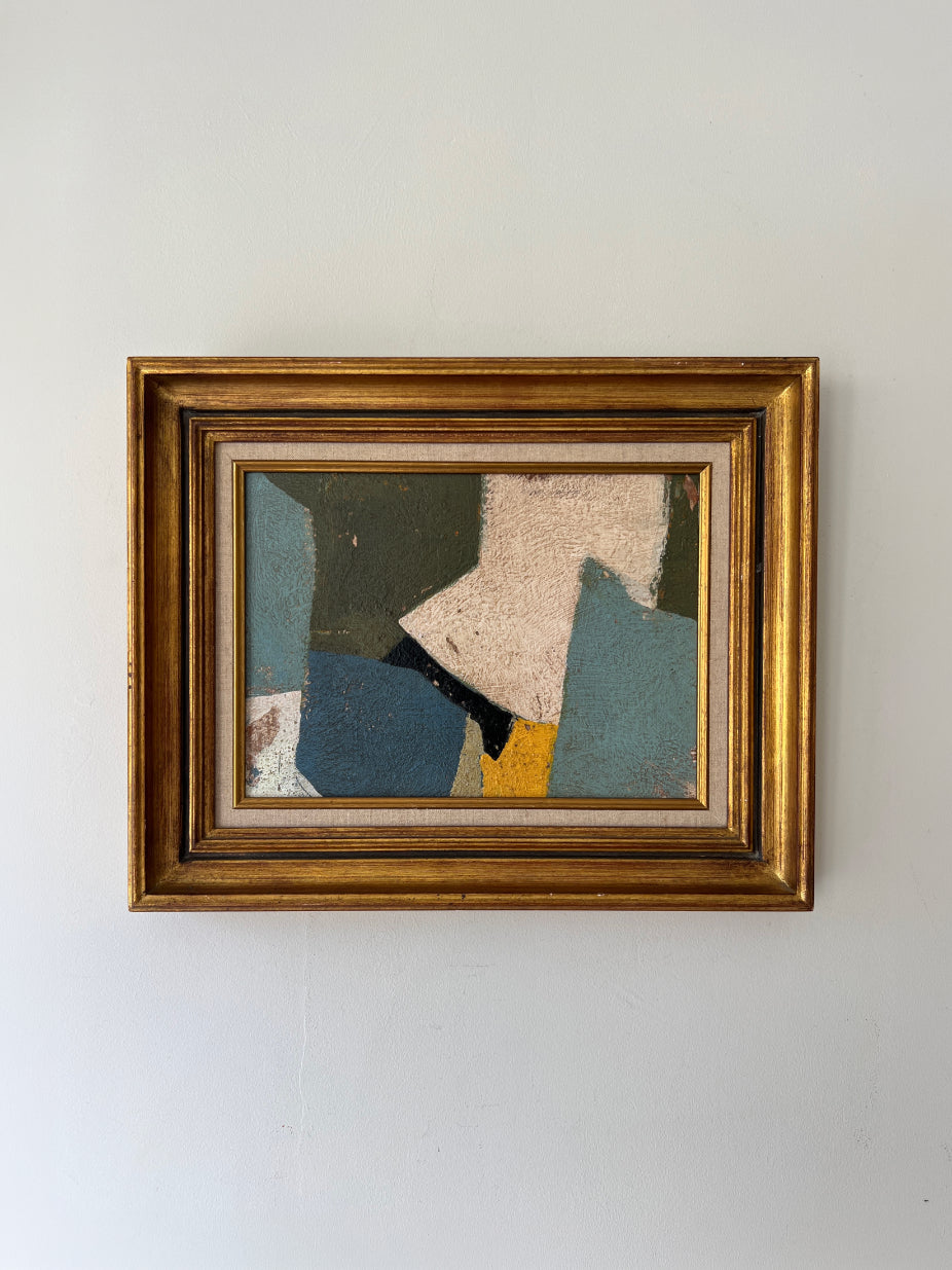 Framed abstract oil painting with geometric block shapes. Available at Hue. 