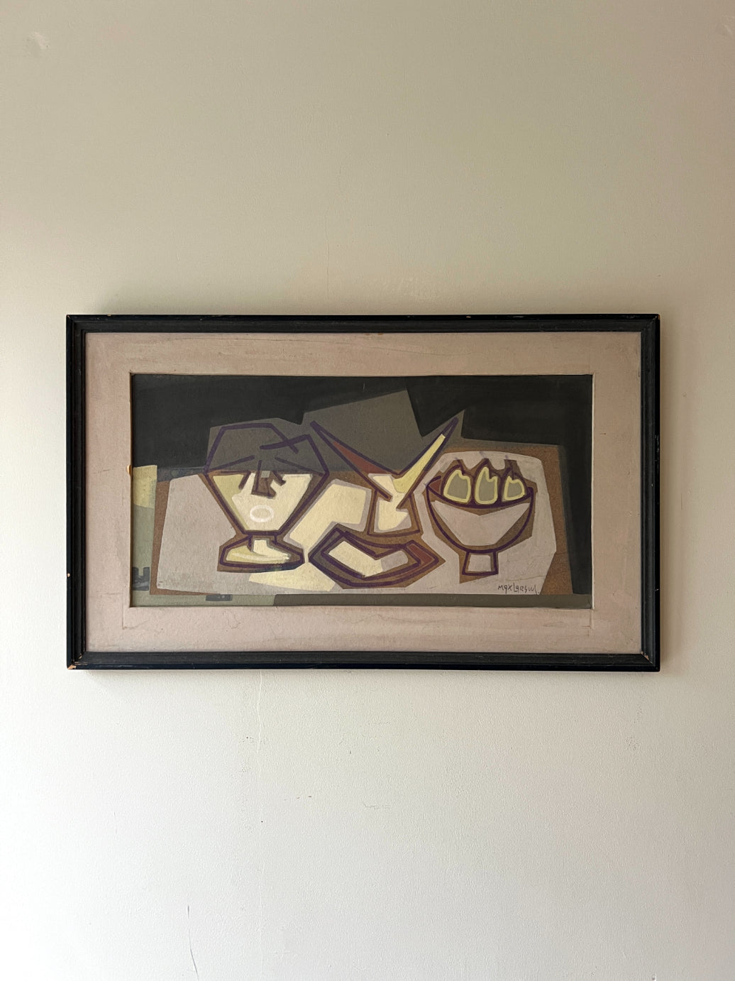 Framed vintage abstract painting on paper of a geometric still life in greys and ochre. Available at hue. 