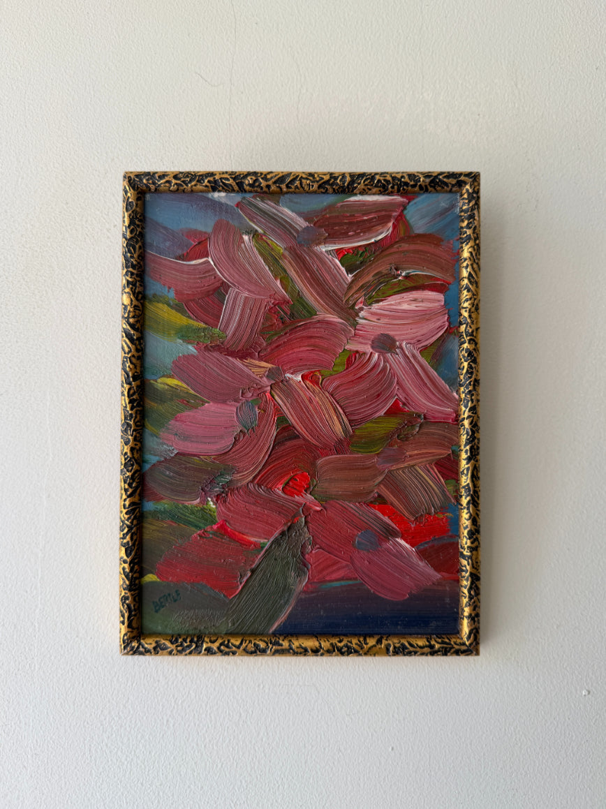 Framed vintage abstract oil painting with pink and red brush strokes. Available at Hue.
