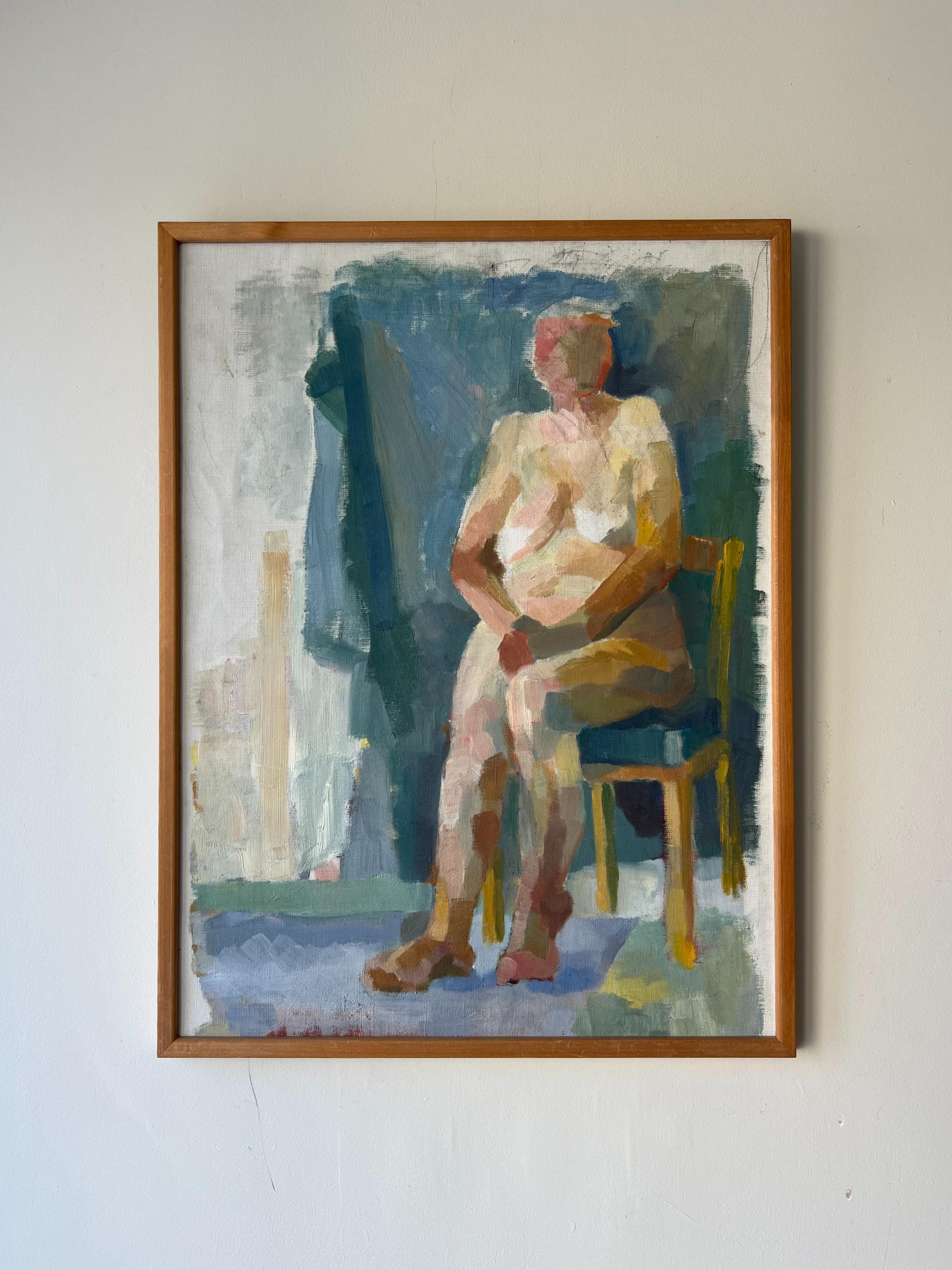 Framed vintage oil painting of a nude figure on a chair. Semi-abstract art available at Hue. 