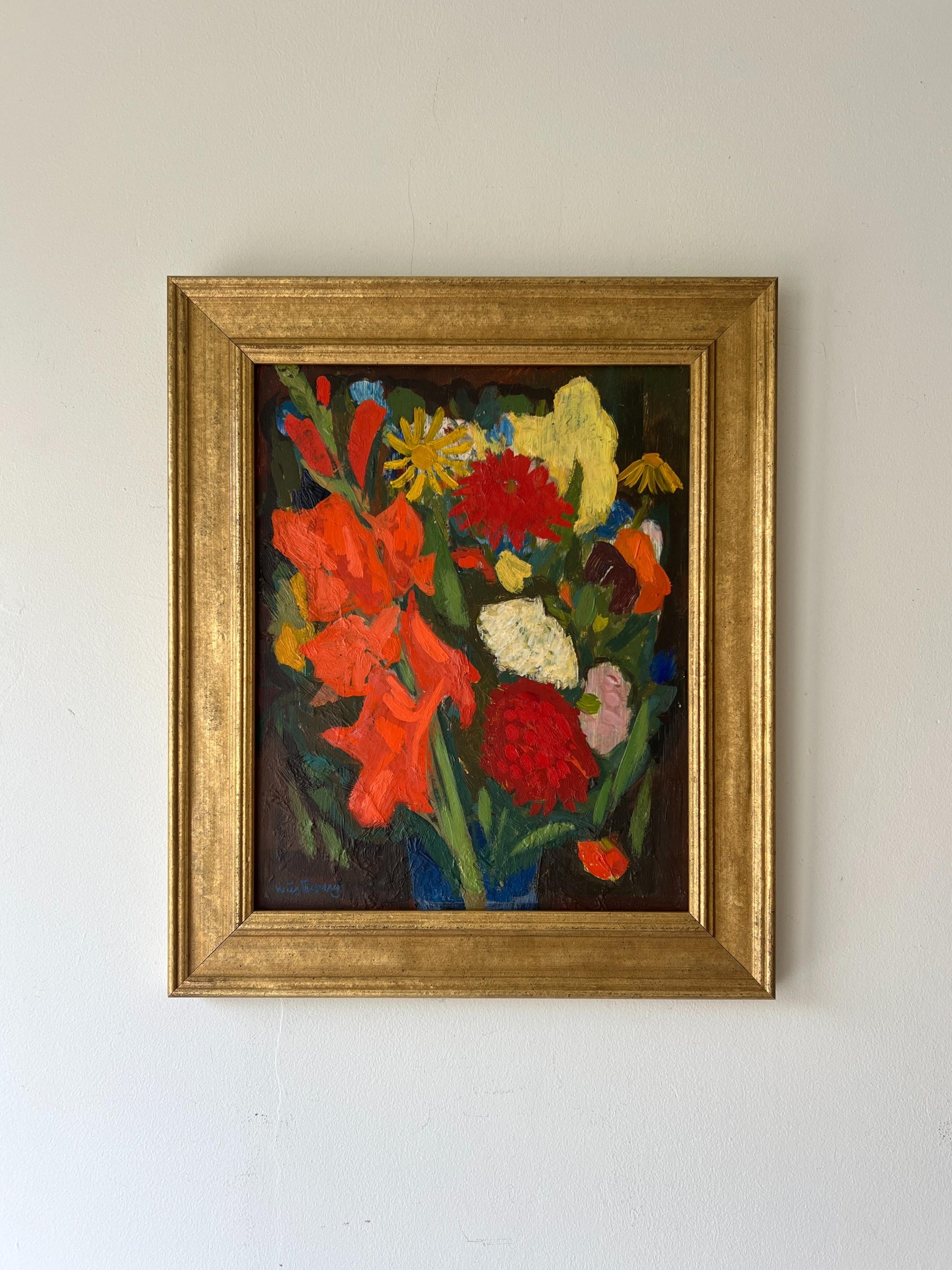 Framed vintage oil painting of a mixed coral gladioli bouquet on a dark background. Available at hue.
