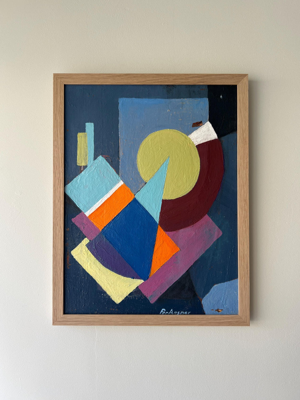 Abstract vintage painting with geometric shapes in a wooden oak frame, available at Hue