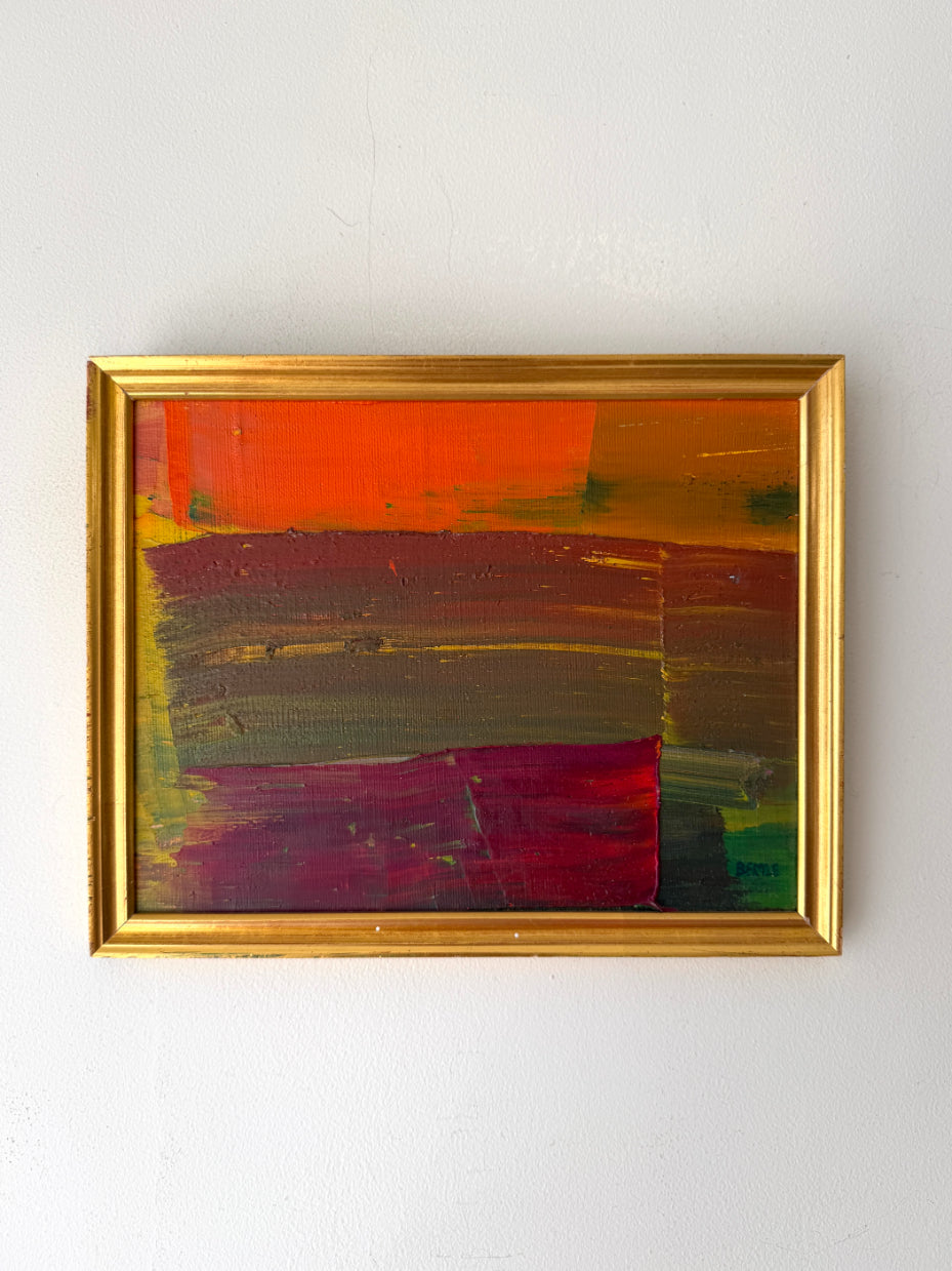 Small abstract vintage oil painting with red, orange, and green colours in a gold frame. Available at Hue. 