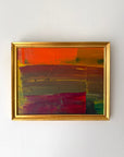 Small abstract vintage oil painting with red, orange, and green colours in a gold frame. Available at Hue. 