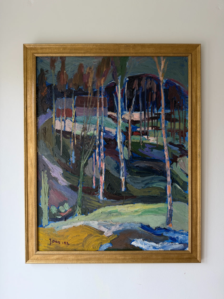 Framed vinatge semi-abstract oil painting of a forest scene. Available at Hue. 