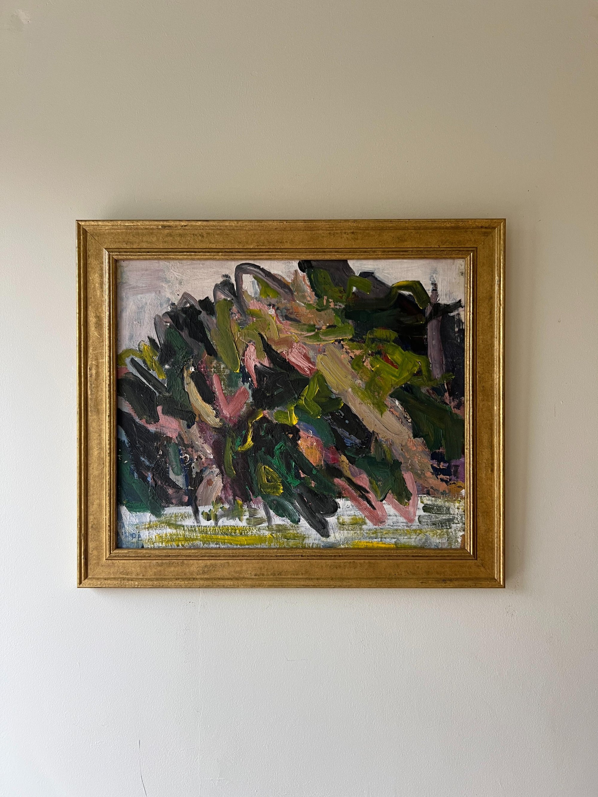 Framed abstract oil painting in a professional gilt frame, available at Hue.