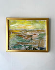 An abstract vintage oil painting in a gold frame of a swedish landscape. Available at Hue.