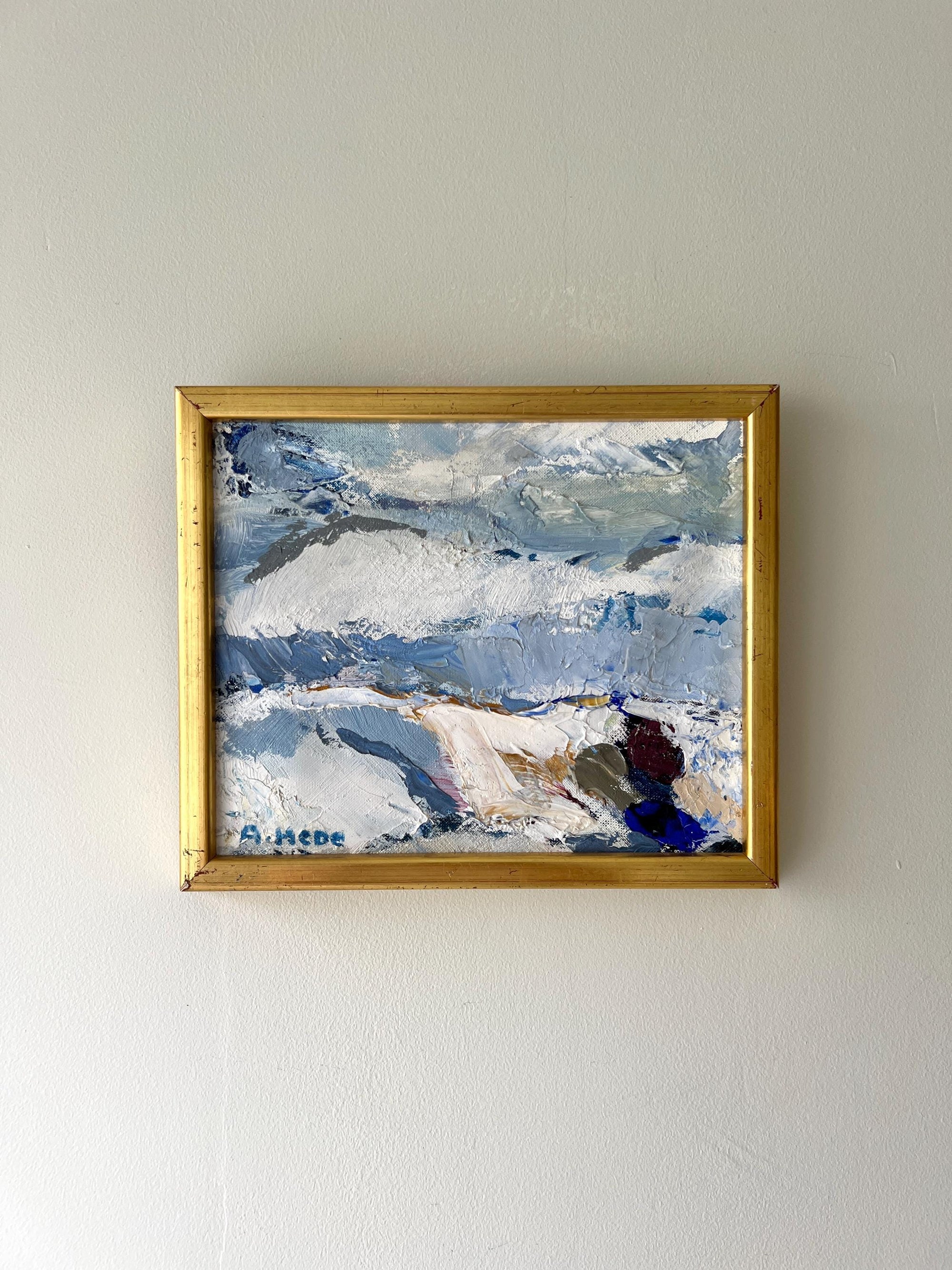 Framed vintage oil abstract painting of a winter landscape, available at Hue.