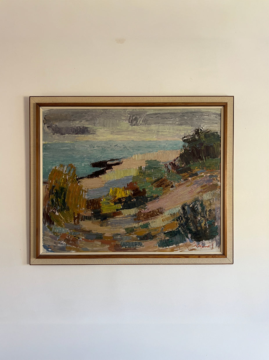Framed vintage oil painting of a landscape with a body of water. Available at Hue. 