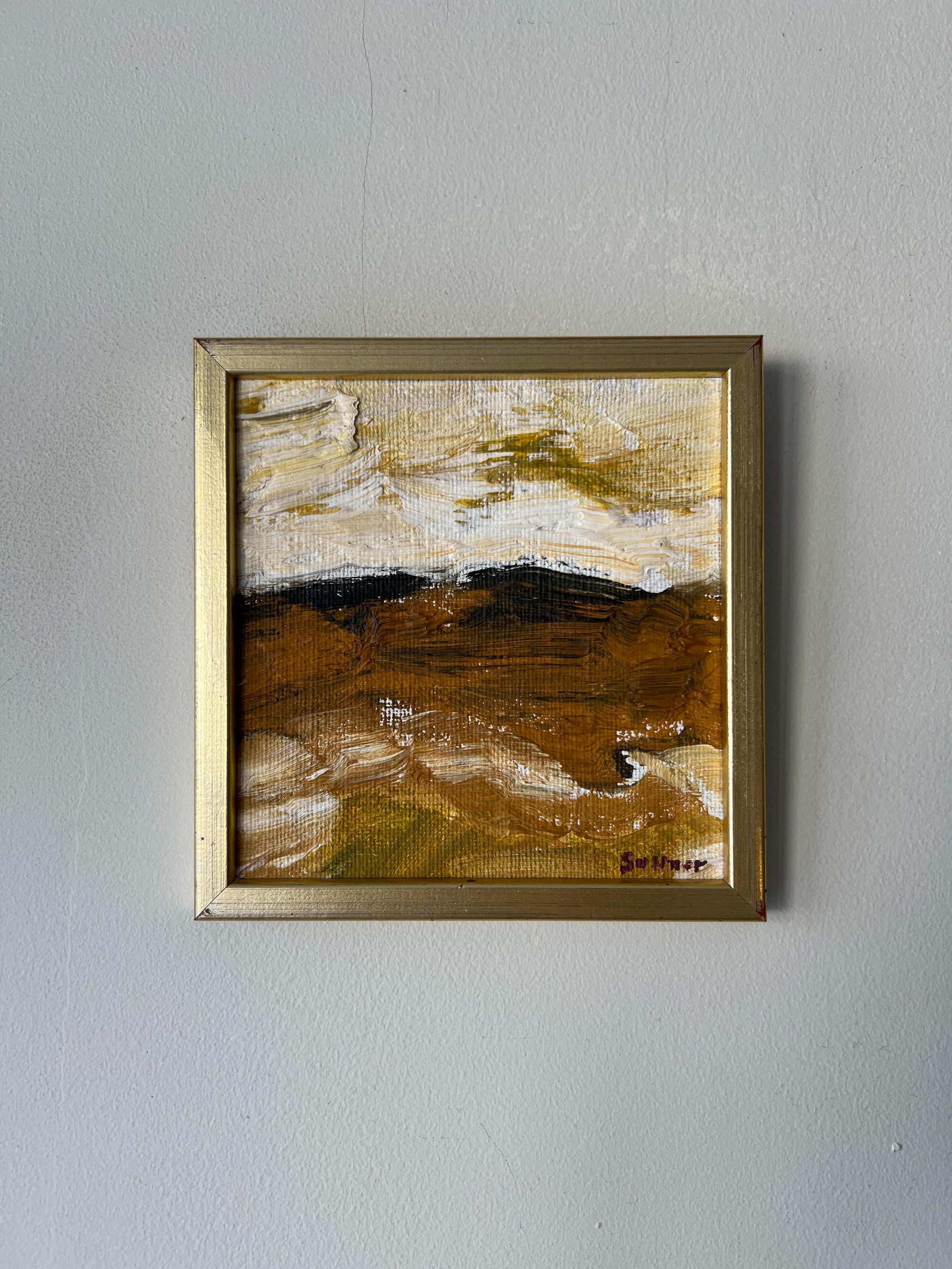 Framed vintage abstract oil painting of a landscape with gold and sienna tones. Available at Hue. 