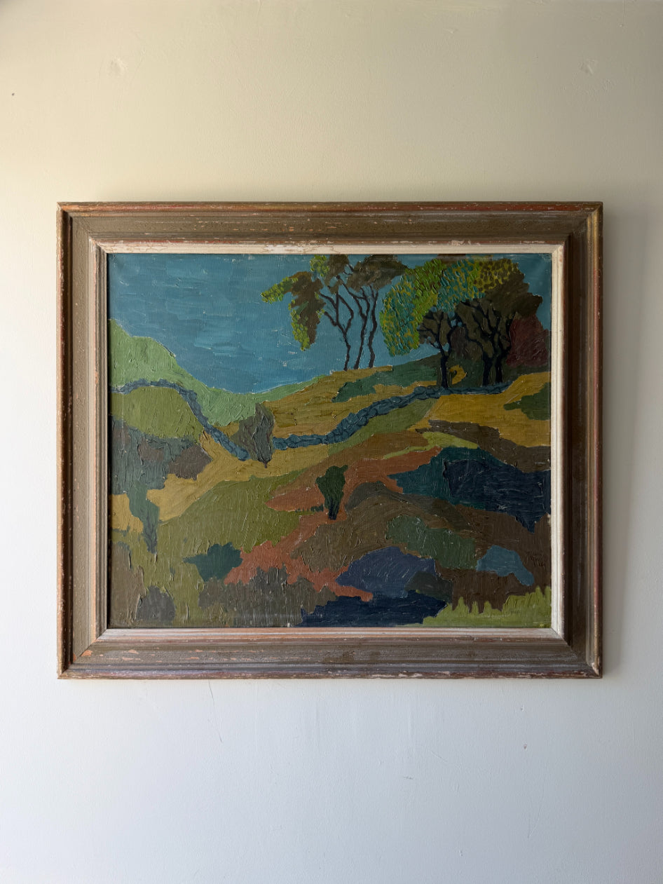 Framed vintage oil landscape painting with hills and trees. Available at Hue. 
