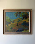 Framed vintage oil landscape painting with hills and trees. Available at Hue. 