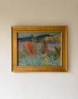 Framed vintage oil painting of a landscape with colourful grasses by a lake. Available at Hue.