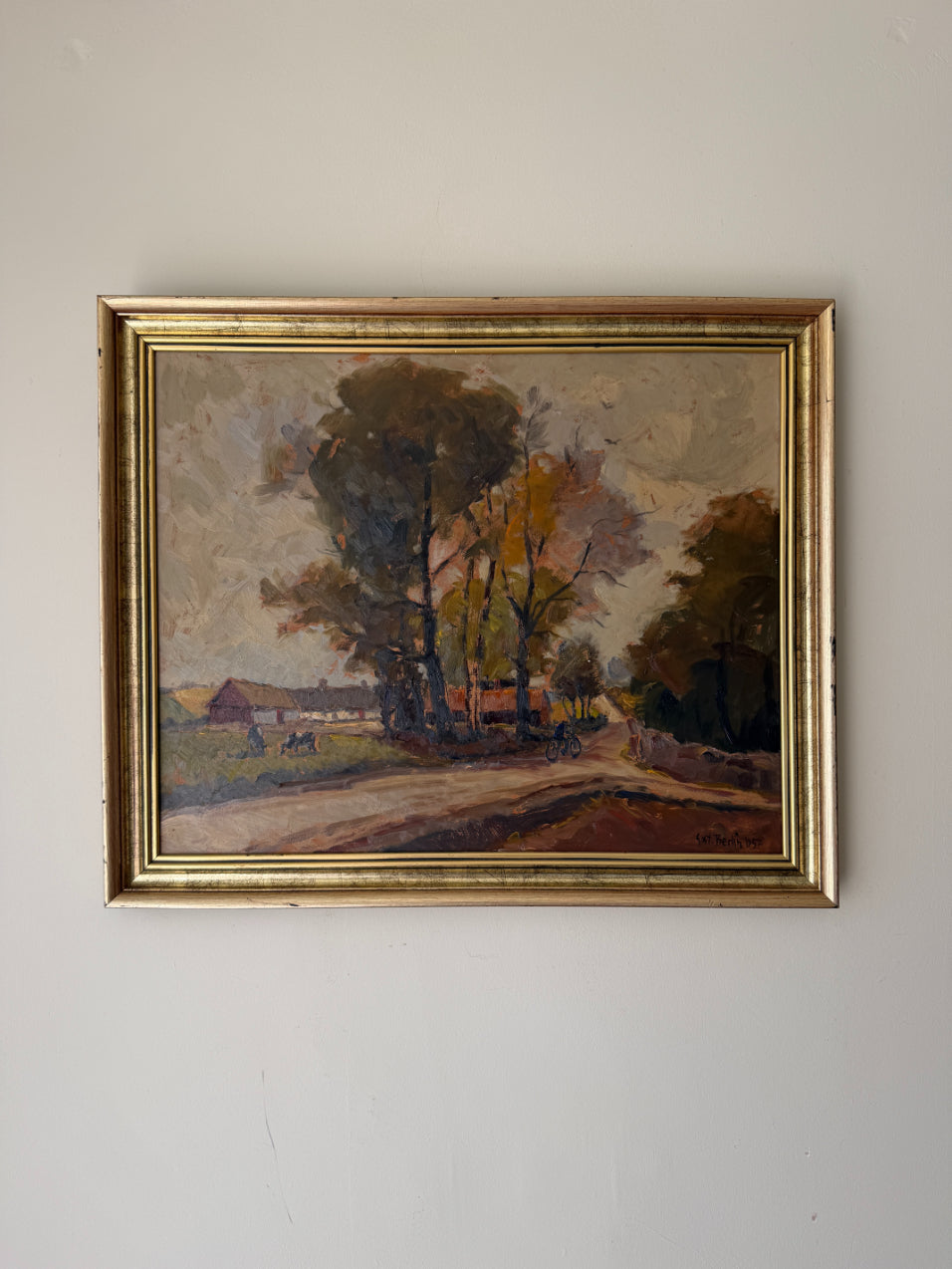 Framed vintage oil painting of a landscape with trees and a path. Available at Hue.