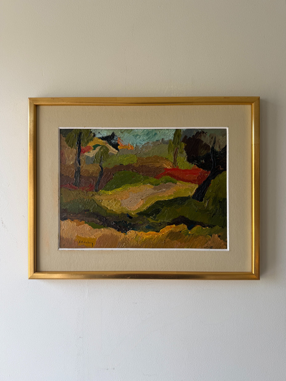 Framed vintage oil painting of a landscape. Available at Hue. 