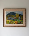 Framed vintage oil  painting of a landscape with farm huts. Available at Hue. 