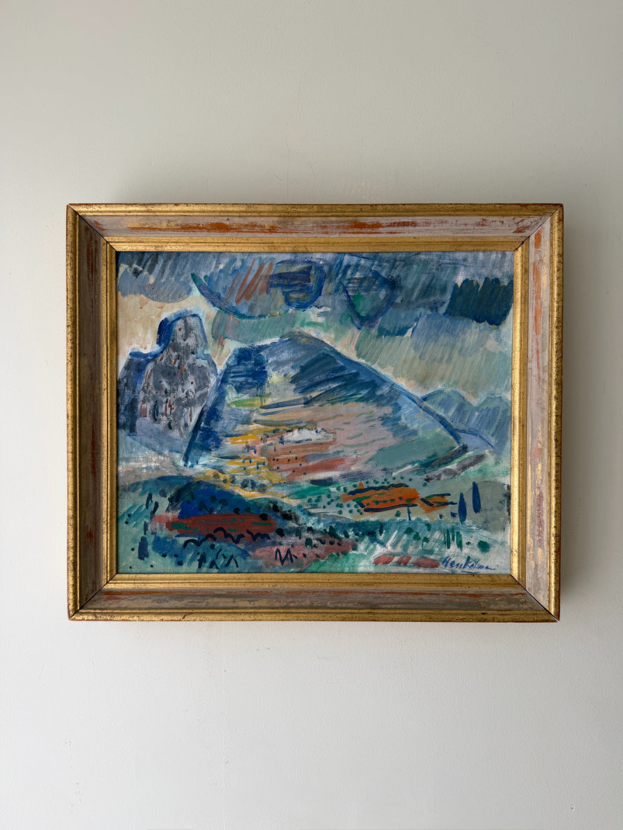 Framed vintage semi-abstract painting of a mountain landscape. Available at Hue.
