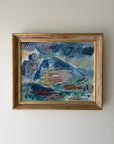 Framed vintage semi-abstract painting of a mountain landscape. Available at Hue.
