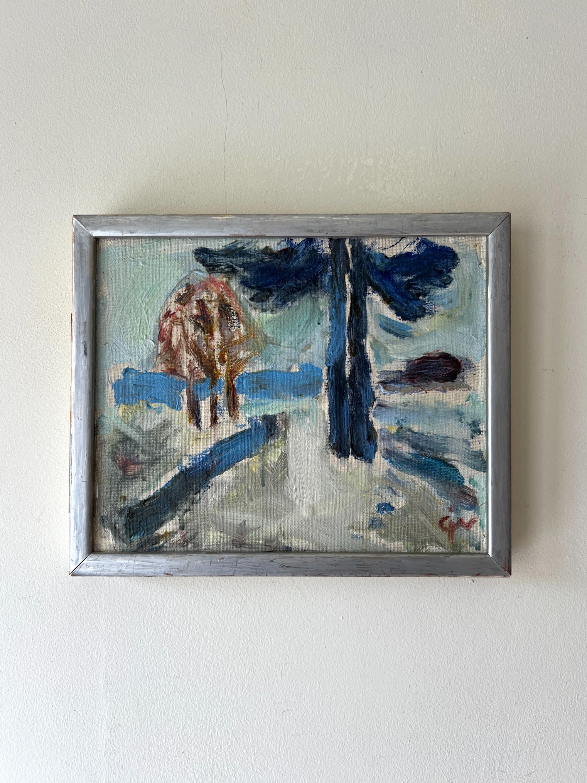 Framed vintage oil painting of a landscape with trees. Available at Hue. 