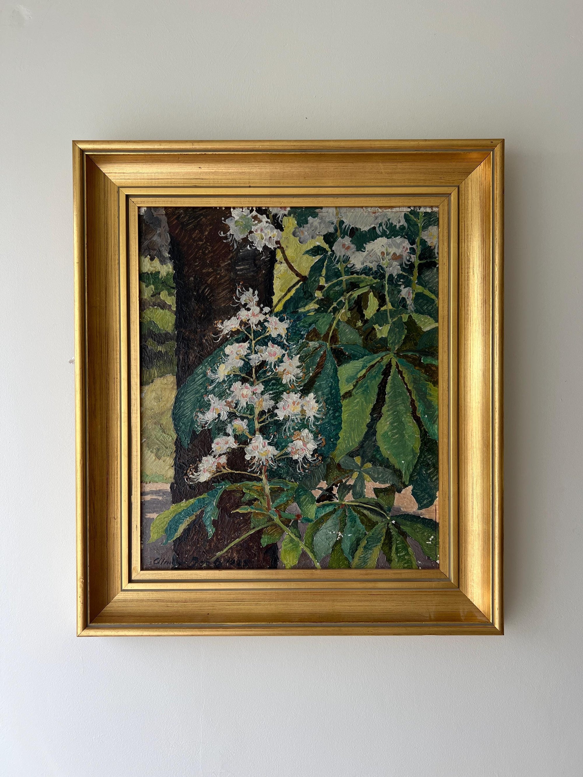 Framed vintage artwork of chestnut trees flowers and leaves in a vintage gilt frame, available at Hue.
