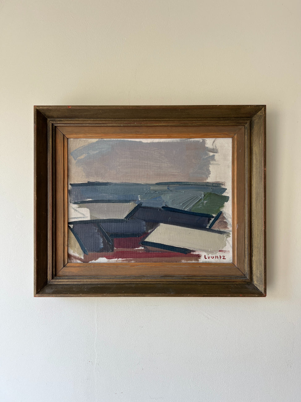 Framed vintage abstract oil painting of a coastal landscape. Available at Hue. 