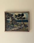 Framed vintage oil painting of a landscape with a house and pine trees by the coast. Available at Hue. 