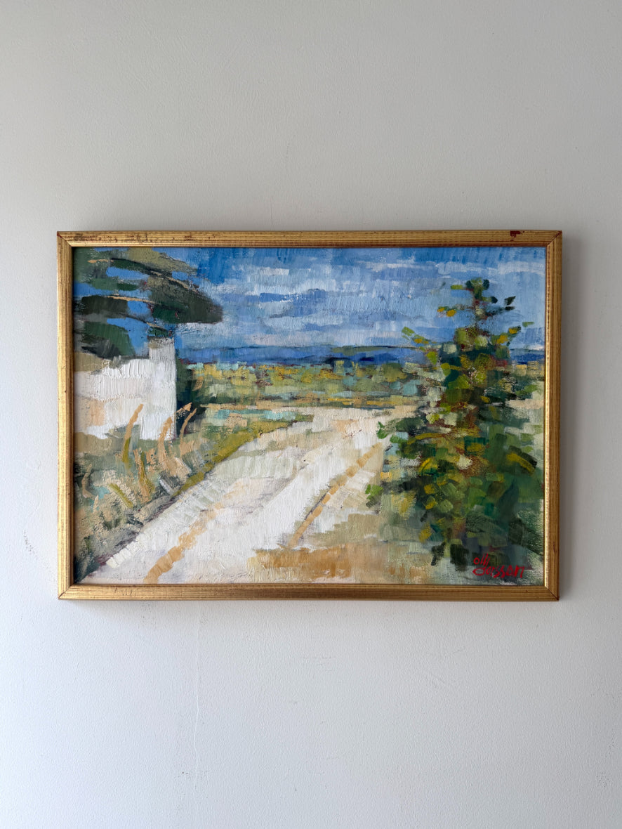 Framed vintage oil painting of a landscape with a road and trees. Available at Hue. 
