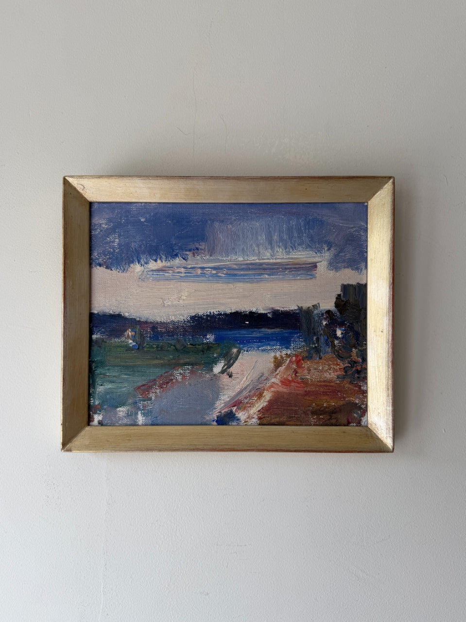 Framed vintage semi-abstract oil painting of a coastal scene. Available at Hue. 
