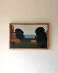 Framed vintage oil painting of silhouetted blocked shapes infront of a coastal sea view. Available at Hue.