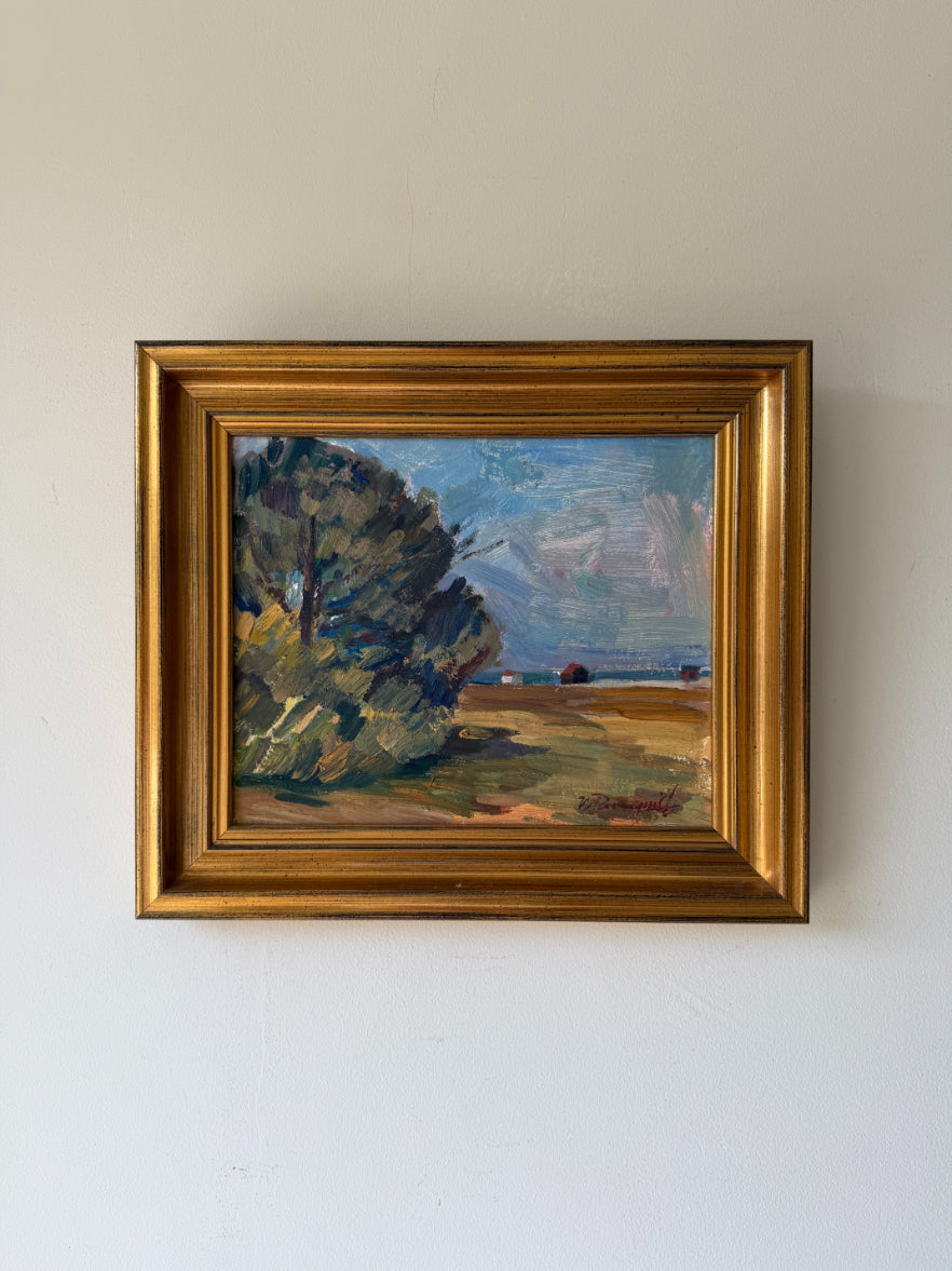 Framed vinatge oil painting of a landscape with trees and blue sky. Available at Hue. 