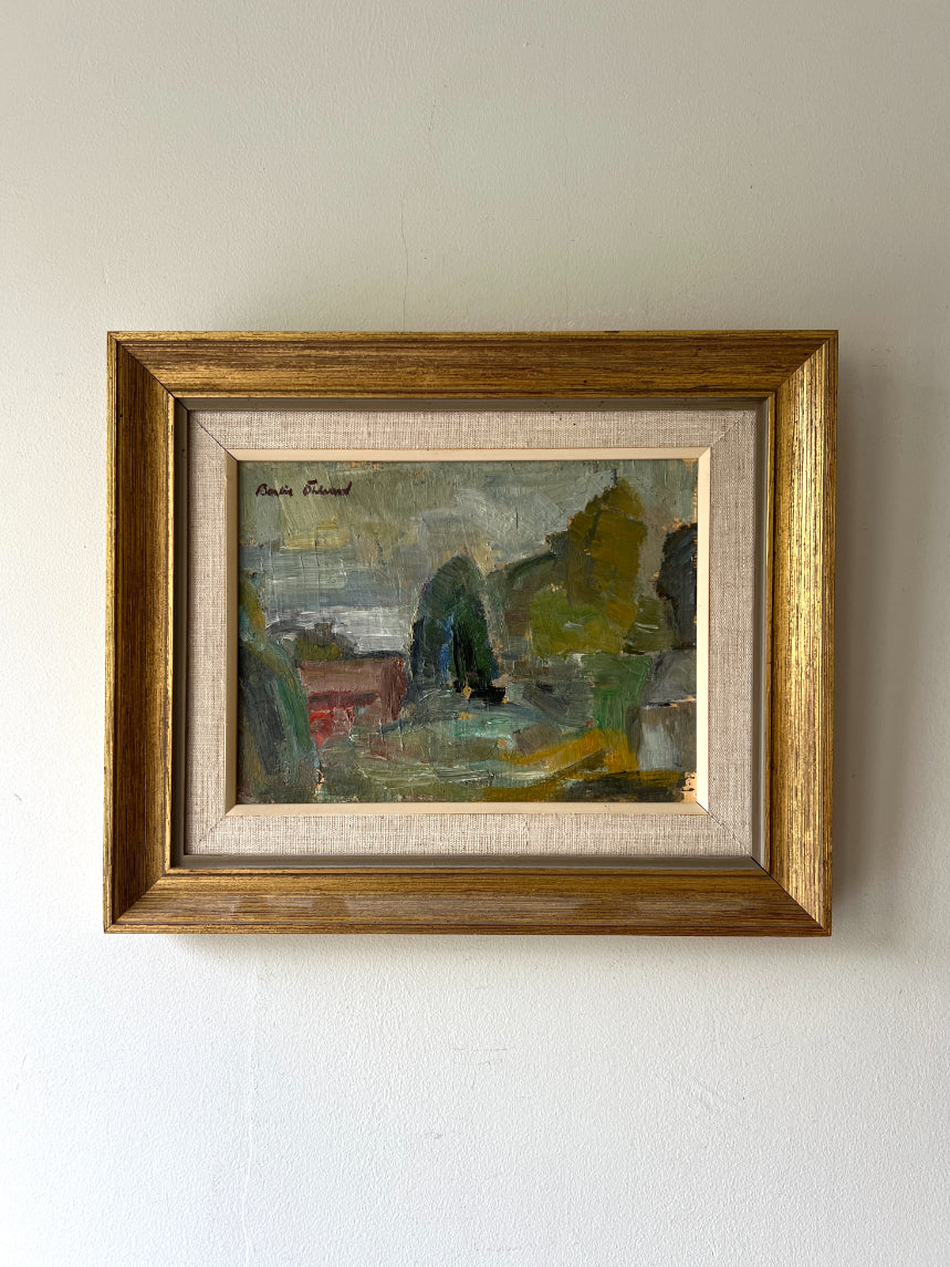 Framed vintage oil painting of a green landscape. Available at Hue. 