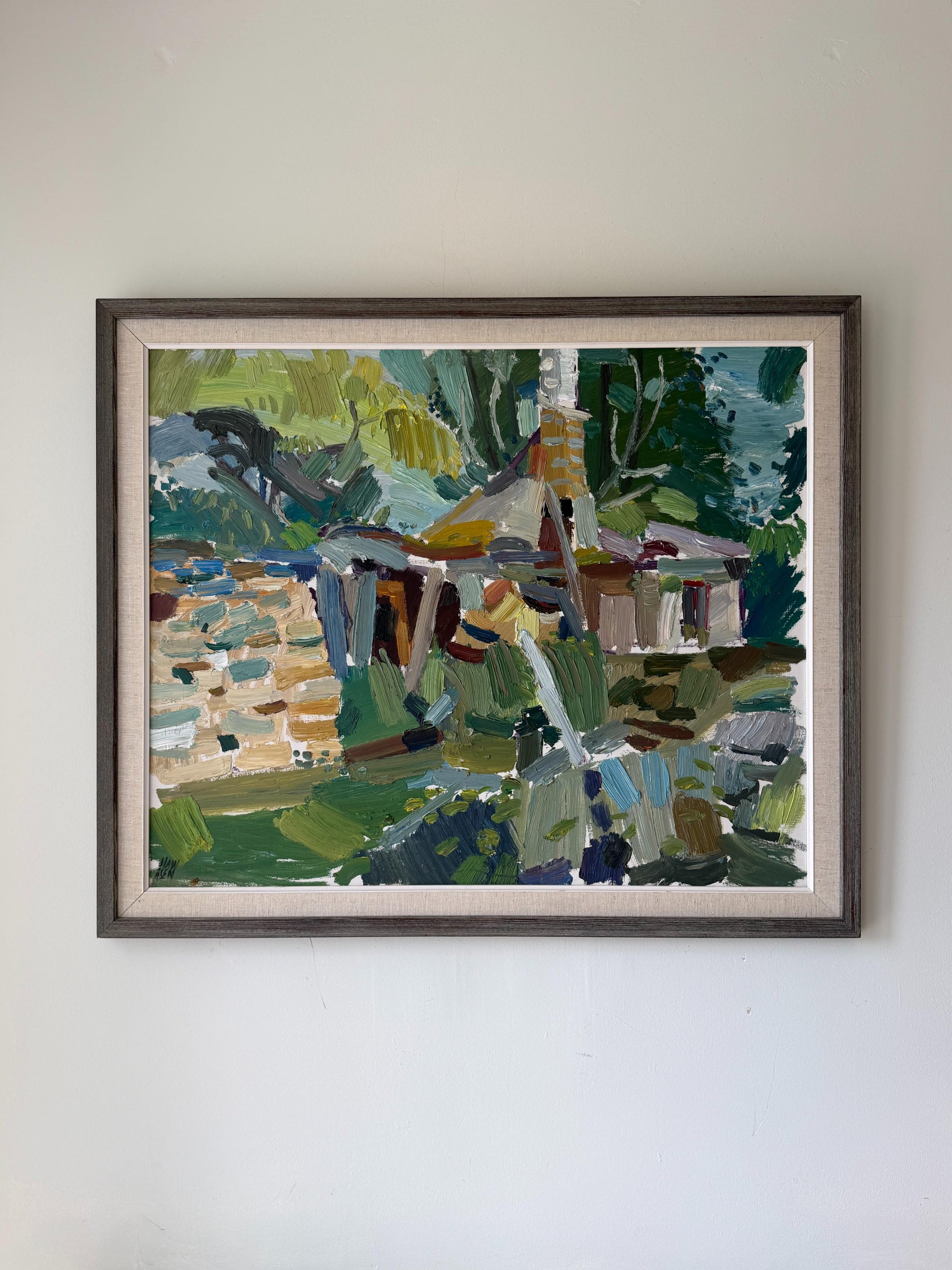 Large, framed vintage semi-abstract oil painting of a house among trees. Available at Hue. 
