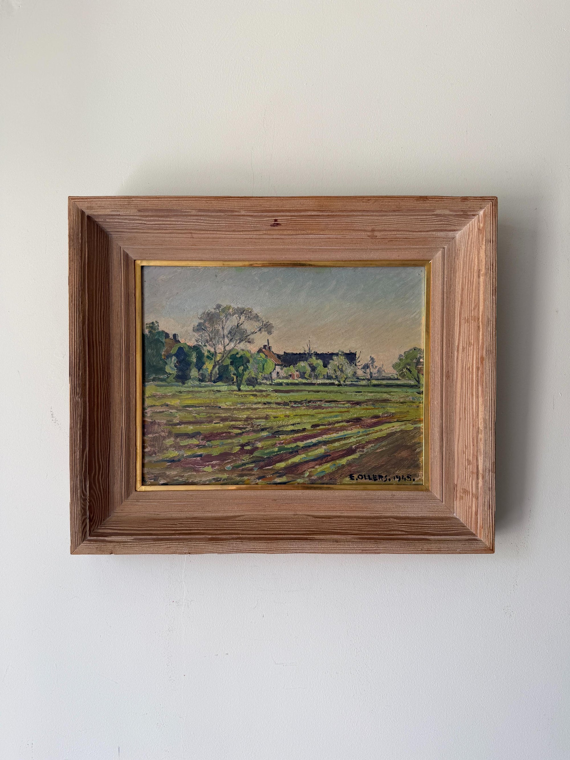 Framed vintage oil painting of ploughed farm fields and a distant farmhouse with trees. Available at Hue.