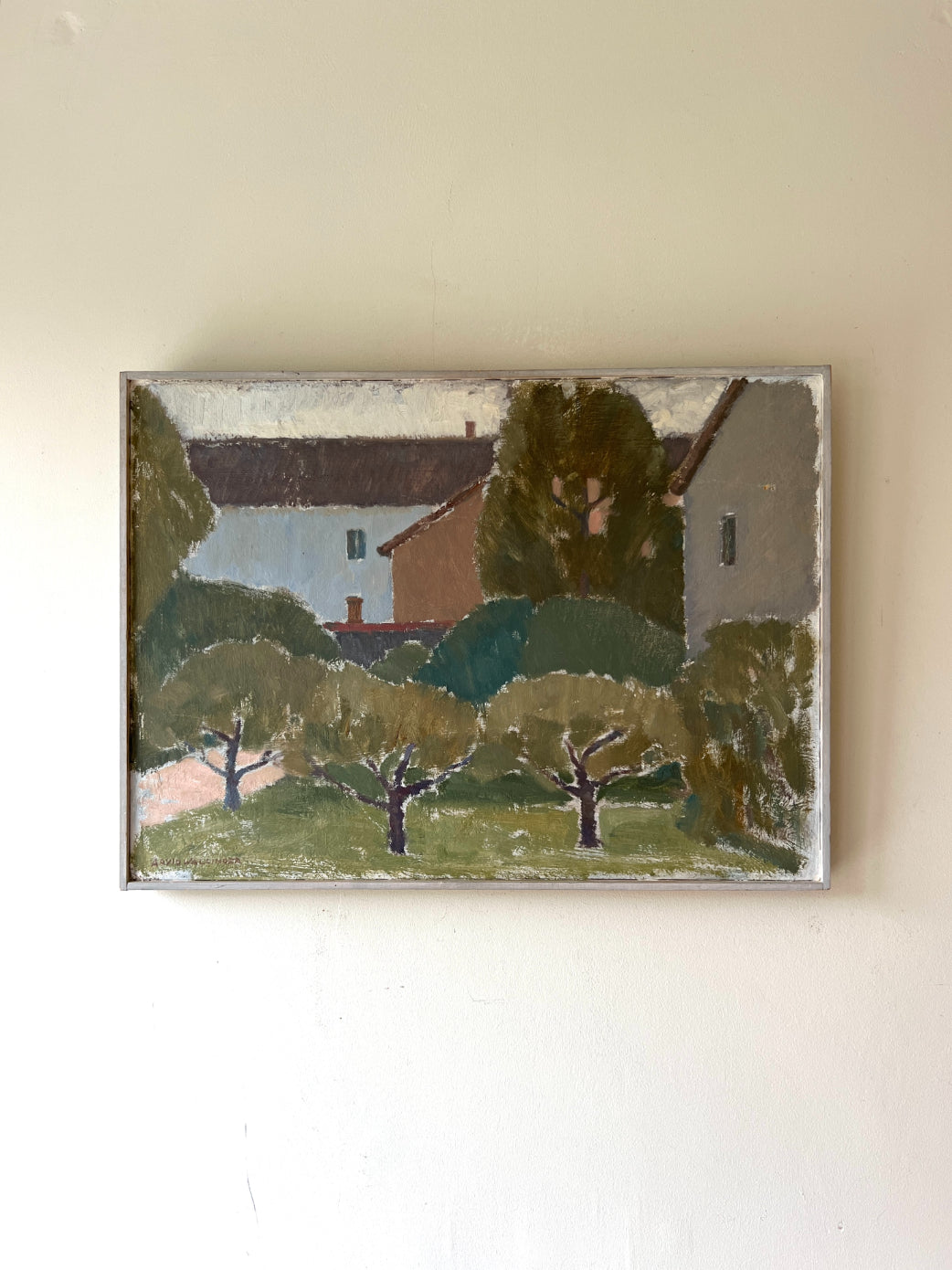 Framed vintage oil painting of a landscape with trees and a house. Available at Hue.