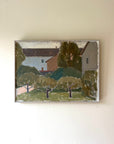 Framed vintage oil painting of a landscape with trees and a house. Available at Hue.