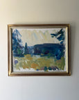 Framed vintage oil painting of a landscape with blue and green tones. Available at Hue. 
