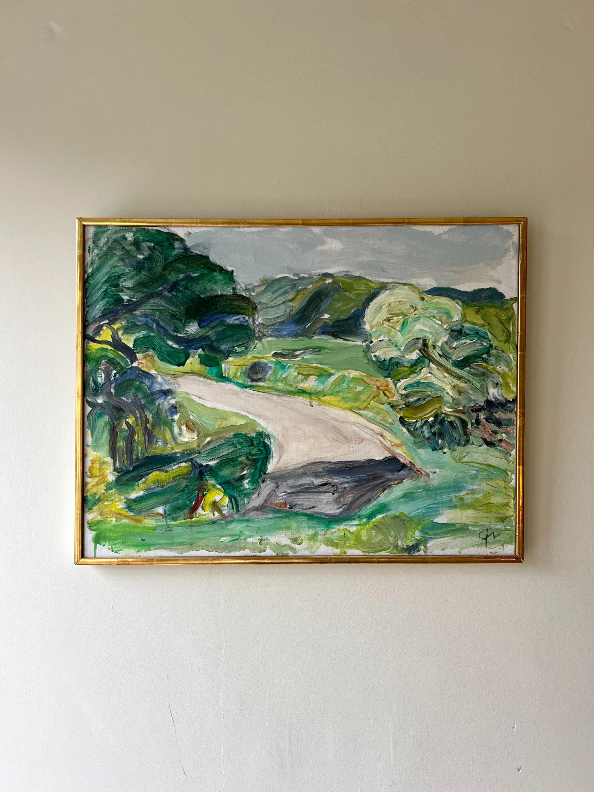 Framed vintage oil  painting of a landscape with greenery and a path in a  narrow gilt frame, available at Hue.