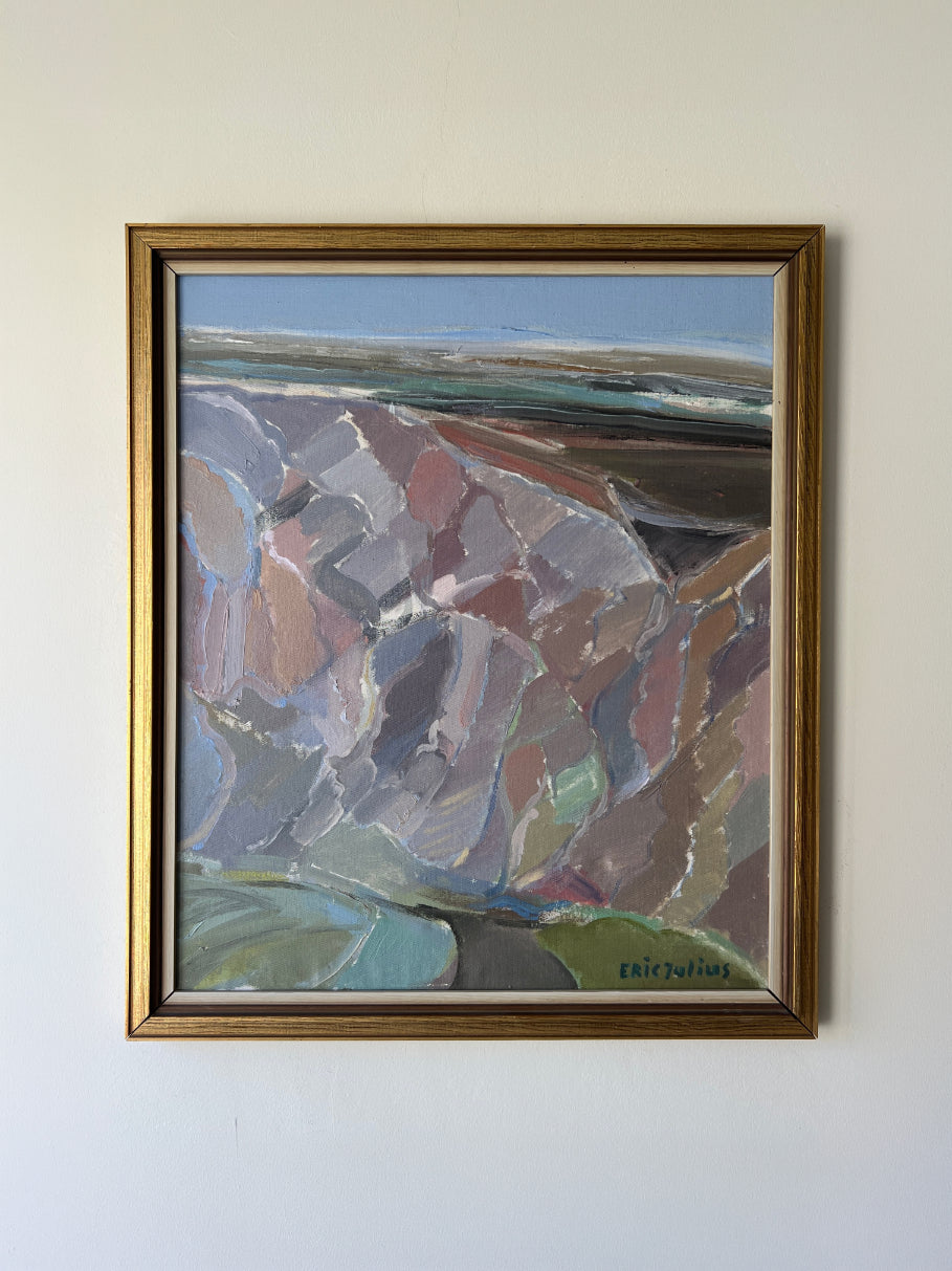 Framed vintage semi-abstract oil painting of coastal rocks. Available at Hue.