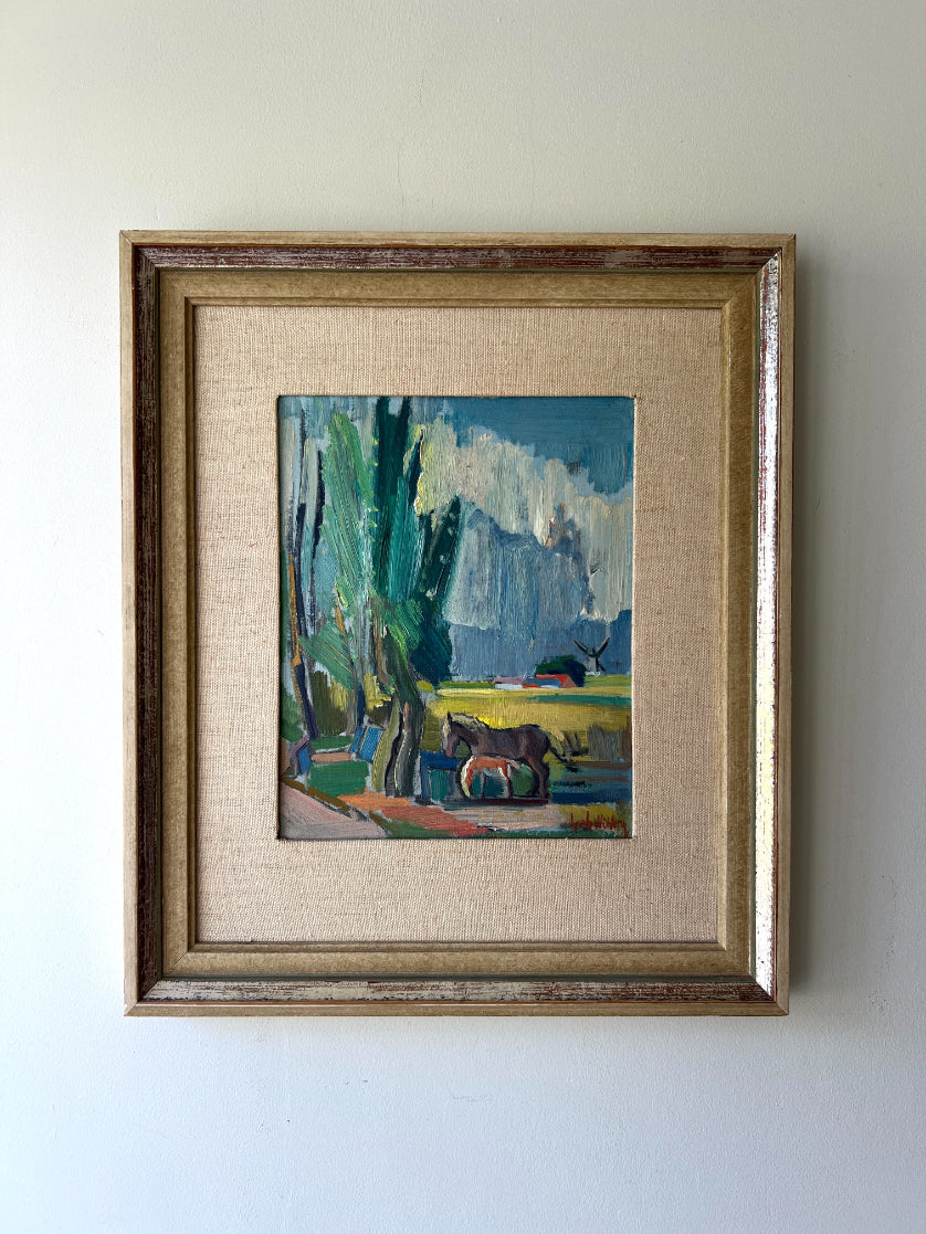 Framed vintage oil painting of a landscape with a horse and foal. Available at Hue.