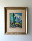 Framed vintage oil painting of a landscape with a horse and foal. Available at Hue.