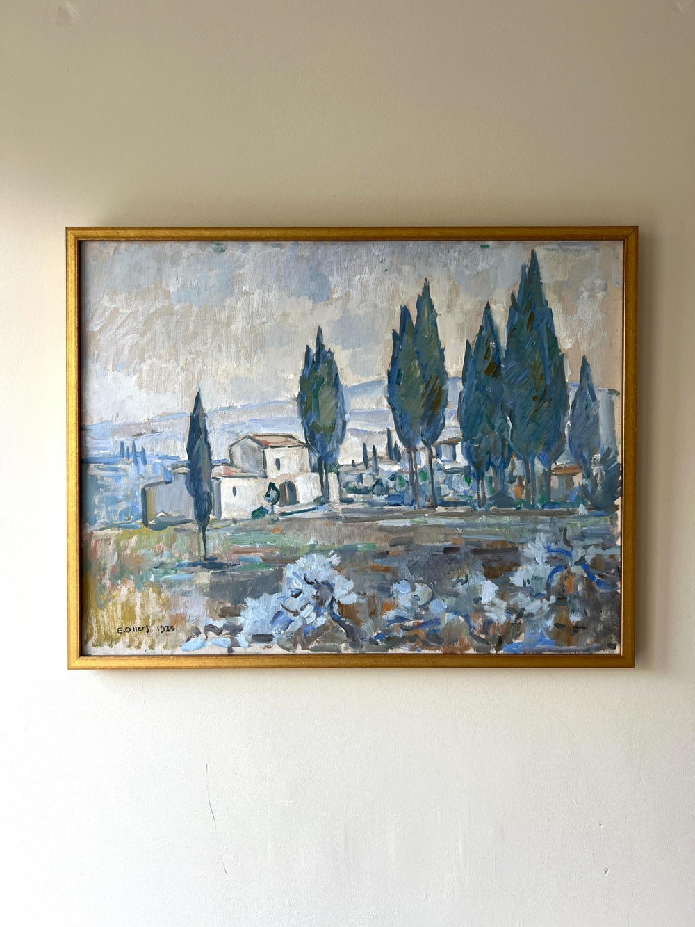 Framed vintage oil painting of a landscape with cypress trees and white villas, available at Hue.