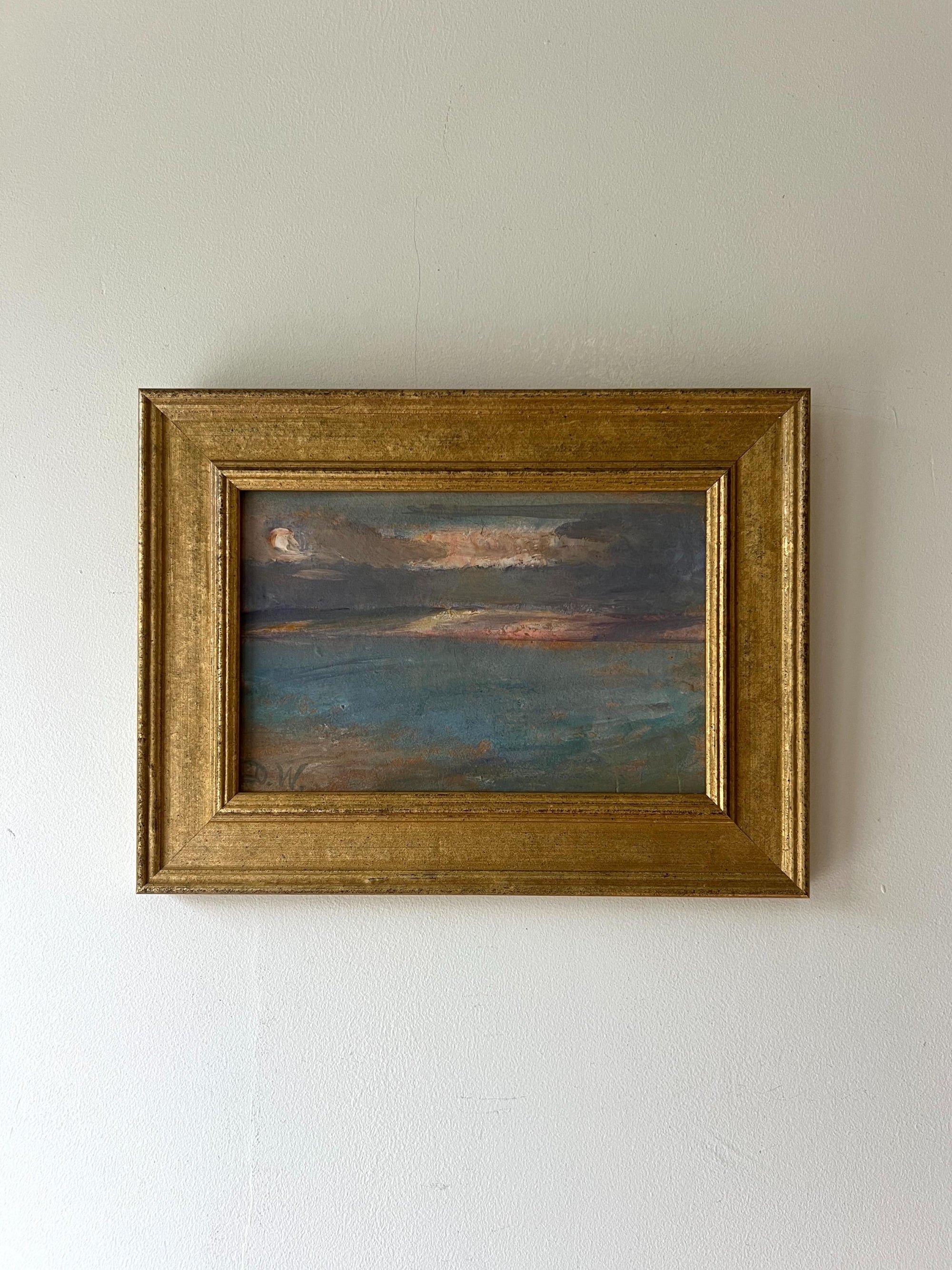 Small framed vintage landscape mixed media painting of a sunset. Available at Hue. 