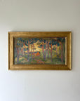 A framed vintage oil painting of a forest landscape with dense, tall pine trees and a warm light, available at Hue.