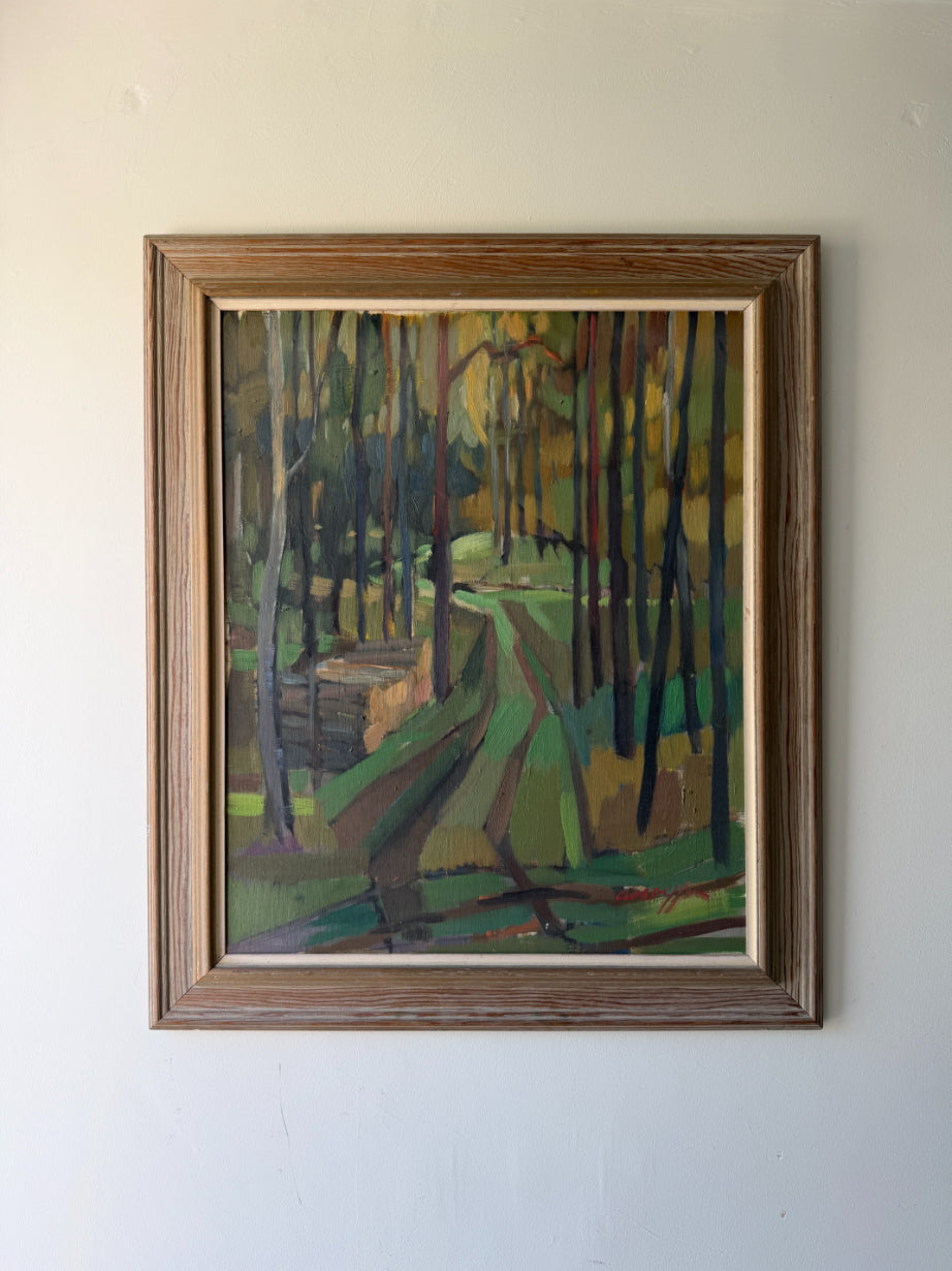 Framed vinatge oil painting of a forest scene. Available at Hue. 