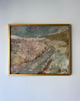 Framed vintage abstract oil painting of a landscape in mutes pinks and blues. Available at Hue. 