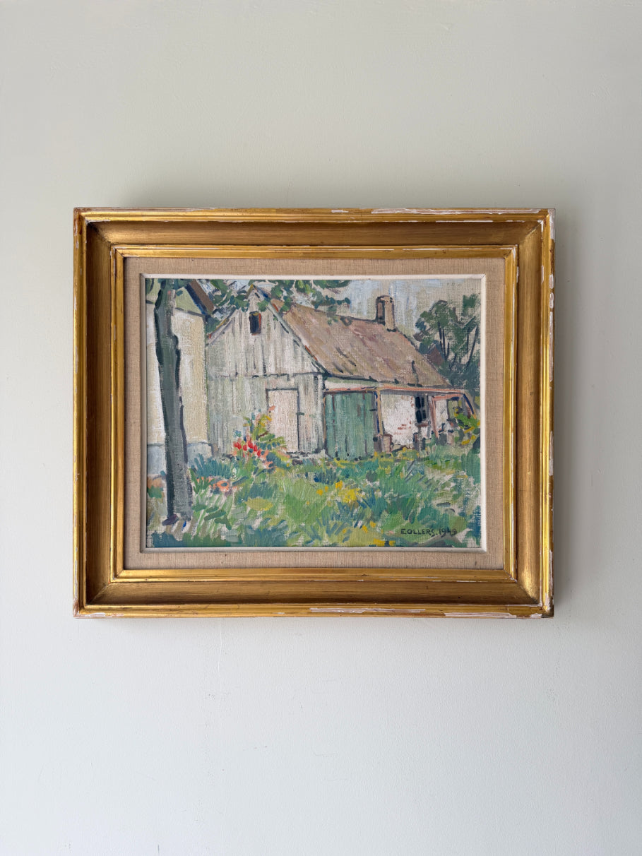 Framed vinatge oil painting of a rustic building with garden. Available at Hue. 